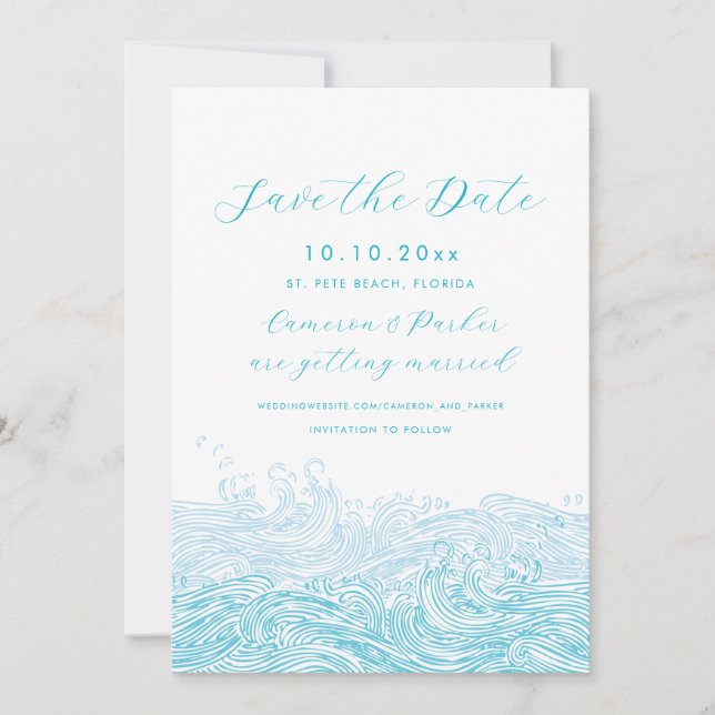 Aqua Blue Ocean Waves Beach Hochzeit Save the Date (Vorderseite)