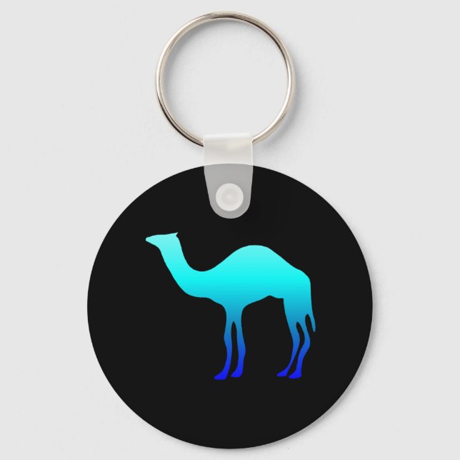 Aqua Blue Ombre Camel Silhouette auf Black Schlüsselanhänger (Vorderseite)