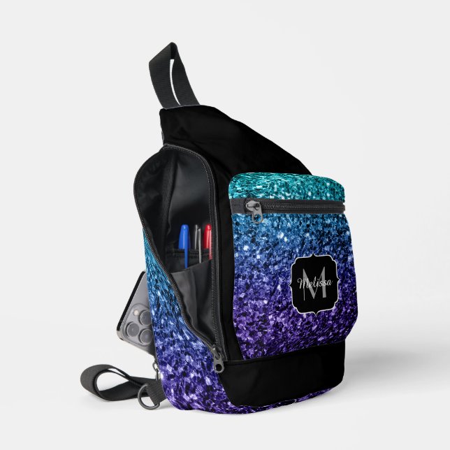 Aqua blue ombre Glitzer Glitzern Black Monogram Crossbody Bag (Offen)