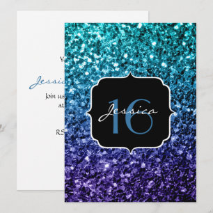 Aqua blue Ombre Glitzer Glitzern Sweet 16 Invite Einladung