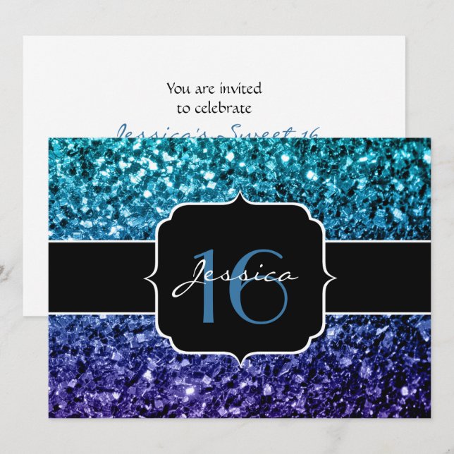 Aqua blue Ombre Glitzer Glitzern Sweet 16 Invite Einladung (Vorne/Hinten)