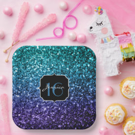 Aqua blue Ombre Glitzer Glitzern Sweet 16 Pappteller