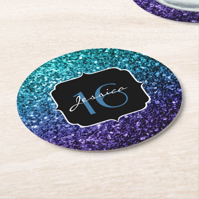 Aqua blue Ombre Glitzer Glitzern Sweet 16 Runder Pappuntersetzer (Angewinkelt)