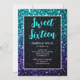 Aqua blue Ombre Glitzern Sweet 16 elegante Schrift Einladung
