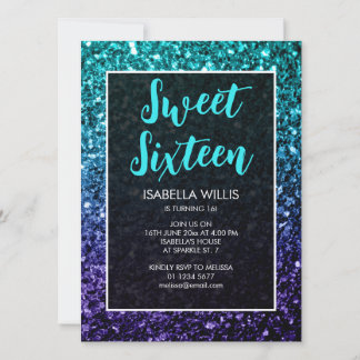 Aqua blue Ombre Glitzern Sweet 16 elegante Schrift Einladung