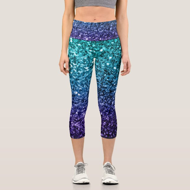Aqua blue Ombre Imitate Glitzer Glitzern Capri Leggings (Vorderseite)