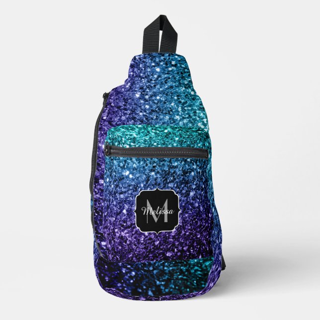 Aqua Blue ombre Imitate Glitzer Glitzern Monogram Crossbody Bag (Vorderseite)