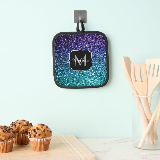 Aqua Blue ombre Imitate Glitzer Glitzern Monogram Topflappen (Insitu (Hängend))