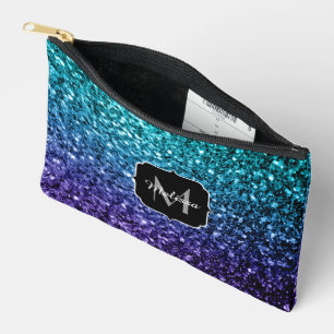 Aqua Blue ombre Imitate Glitzer Glitzern Monogram Zubehörtasche