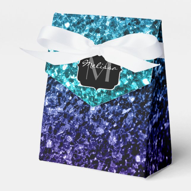 Aqua blue Ombre Imitats Glitzer Glitzern Monogram Geschenkschachtel (Vorderseite)