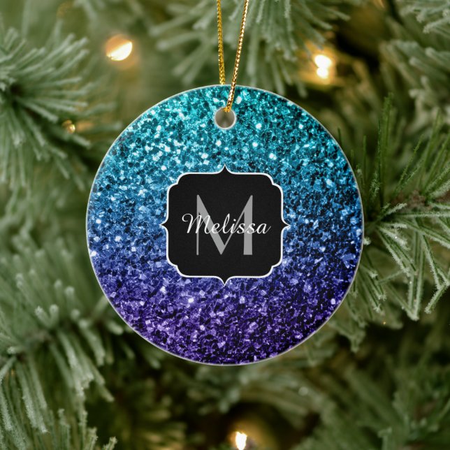 Aqua blue Ombre Imitats Glitzer Glitzern Monogram Keramik Ornament (Baum)