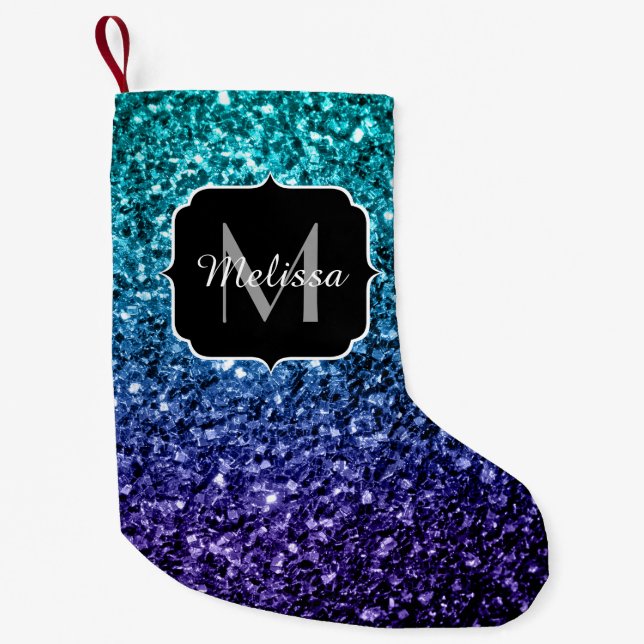 Aqua blue Ombre Imitats Glitzer Glitzern Monogram Kleiner Weihnachtsstrumpf (Vorderseite)