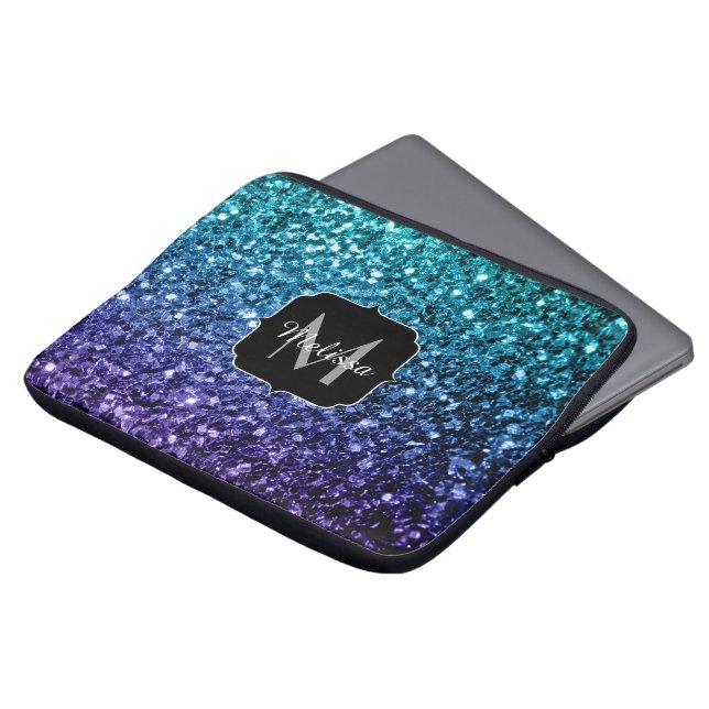 Aqua blue Ombre Imitats Glitzer Glitzern Monogram Laptopschutzhülle (Vorne Oben)