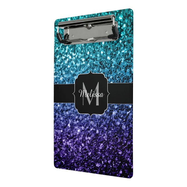 Aqua blue Ombre Imitats Glitzer Glitzern Monogram Mini Klemmbrett (Gewinkelt2)