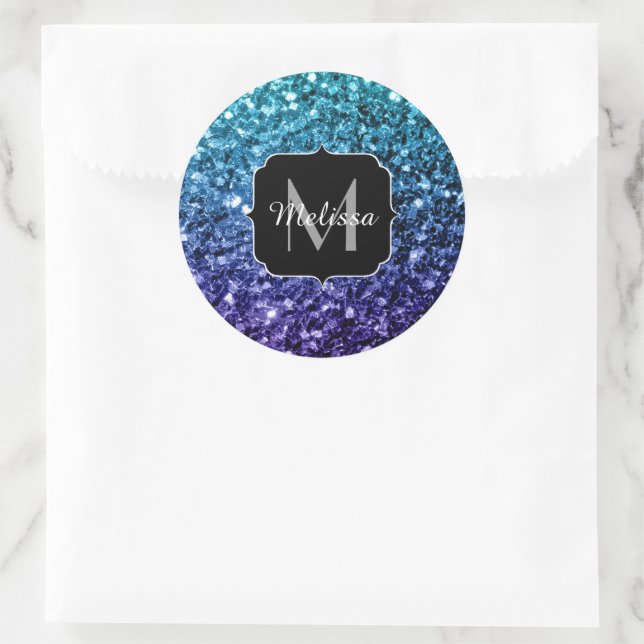 Aqua blue Ombre Imitats Glitzer Glitzern Monogram Runder Aufkleber (Tasche)