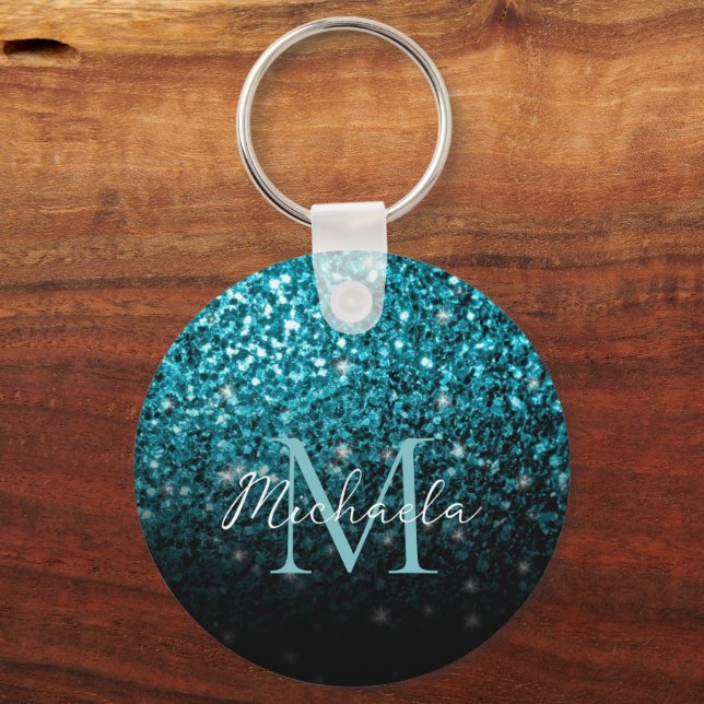 Aqua blue Ombre Imitats Glitzer Glitzern Monogram Schlüsselanhänger (Vorderseite)