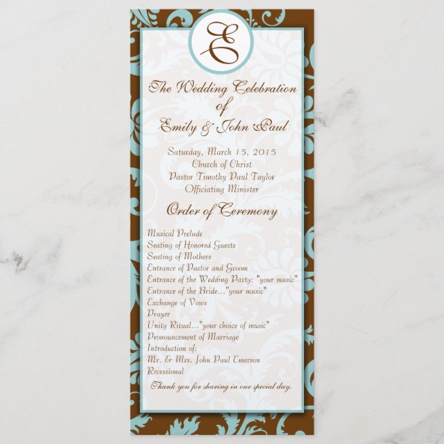 Aqua Blue on Brown Damask Wedding Program Programm (Vorderseite)