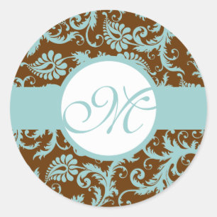 Aqua Blue on Brown Damask Wedding Stickers