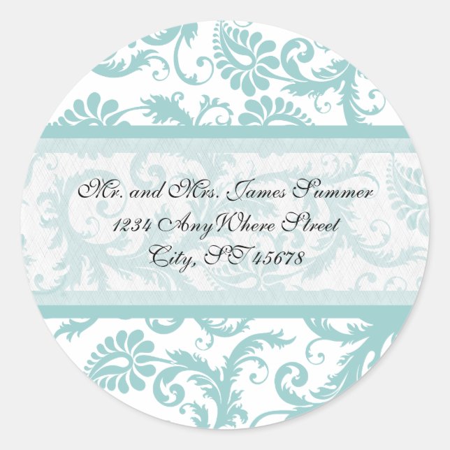Aqua Blue on White Damask Adresse Hochzeitsticker Runder Aufkleber (Vorderseite)
