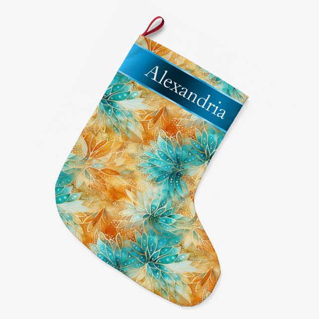 Aqua Blue Orange Floral Weihnachtsname Großer Weihnachtsstrumpf (Vorderansicht (hängend))