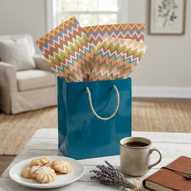 Aqua Blue Orange Pink Red Lime Green Zigzag Kunst, Seidenpapier (Von Creator hochgeladen)