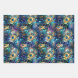 Aqua Blue Painted Peacock Feathers Geschenkpapier Set