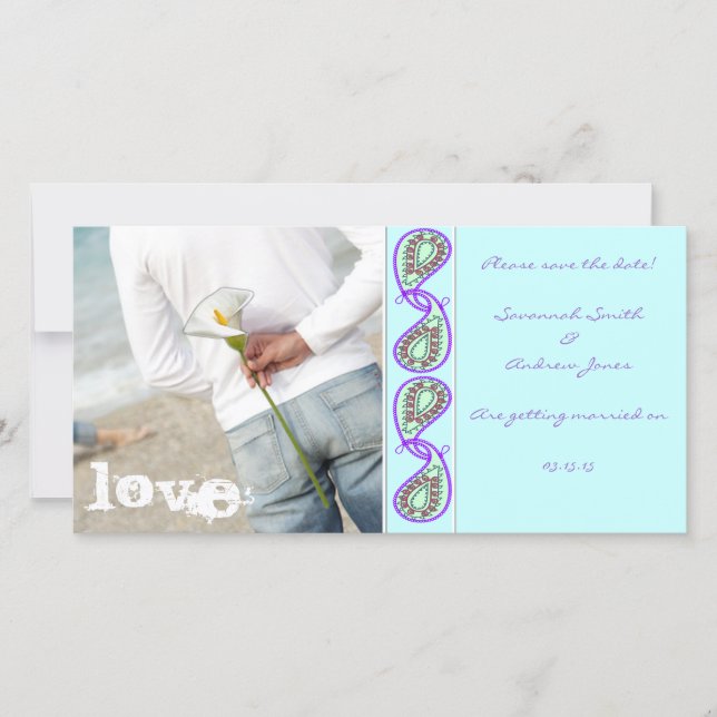 Aqua Blue Paisley Save the Date mit Ihrem Foto (Vorderseite)