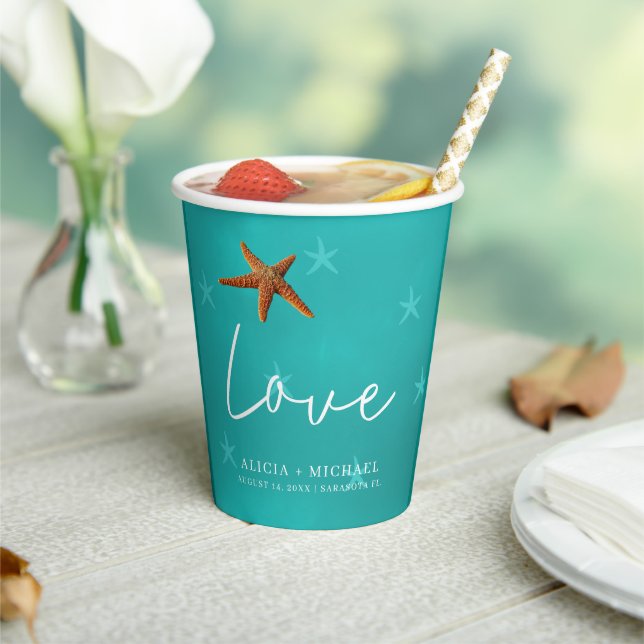 Aqua-Blue-Pärchen mit Seestern Pappbecher (In Situ)