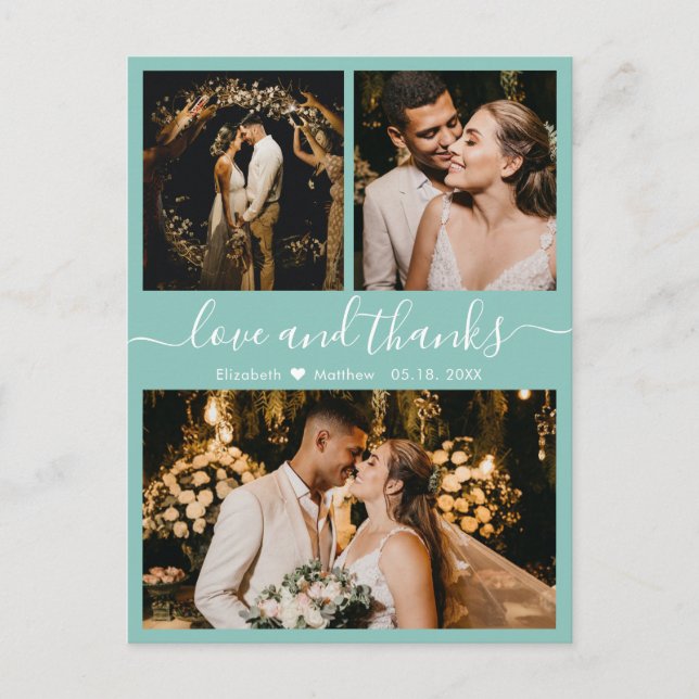 Aqua Blue Photo Collage Mariage Merci carte postal (Devant)