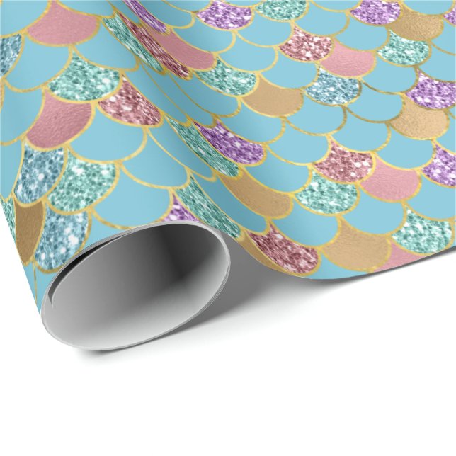 Aqua Blue Pink Lila Gold Glitzer Meraid Geschenkpapier (Rolleneckpunkt)