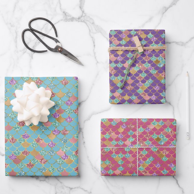 Aqua Blue Pink Lila Gold Glitzer Mermaid Geschenkpapier Set (Vorderseite)