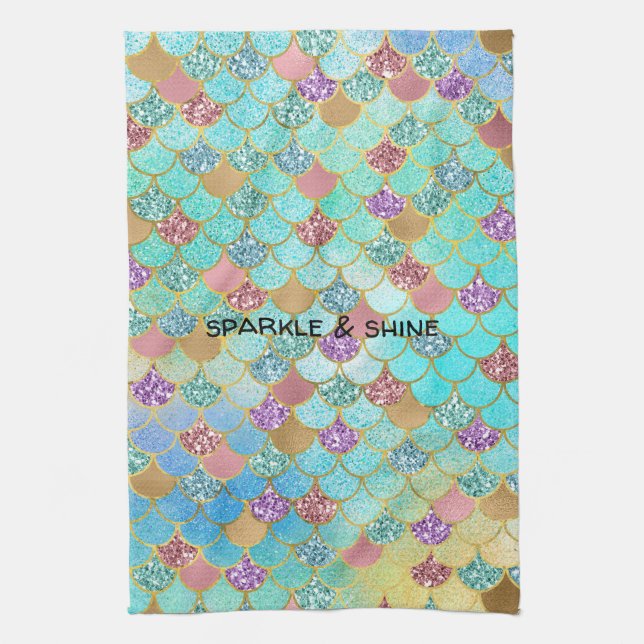 Aqua Blue Pink Lila Gold Glitzer Mermaid Geschirrtuch (Vertikal)