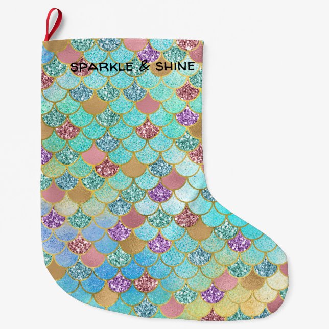 Aqua Blue Pink Lila Gold Glitzer Mermaid Großer Weihnachtsstrumpf (Vorderseite)