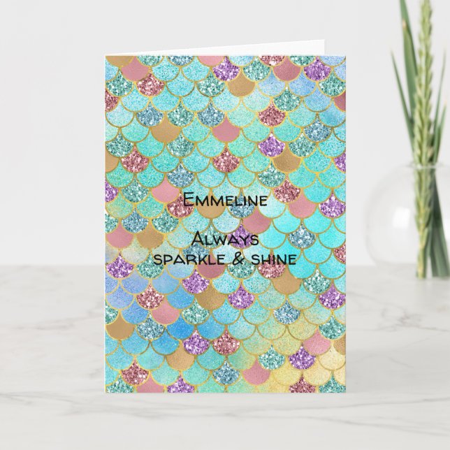 Aqua Blue Pink Lila Gold Glitzer Mermaid Karte (Vorderseite)