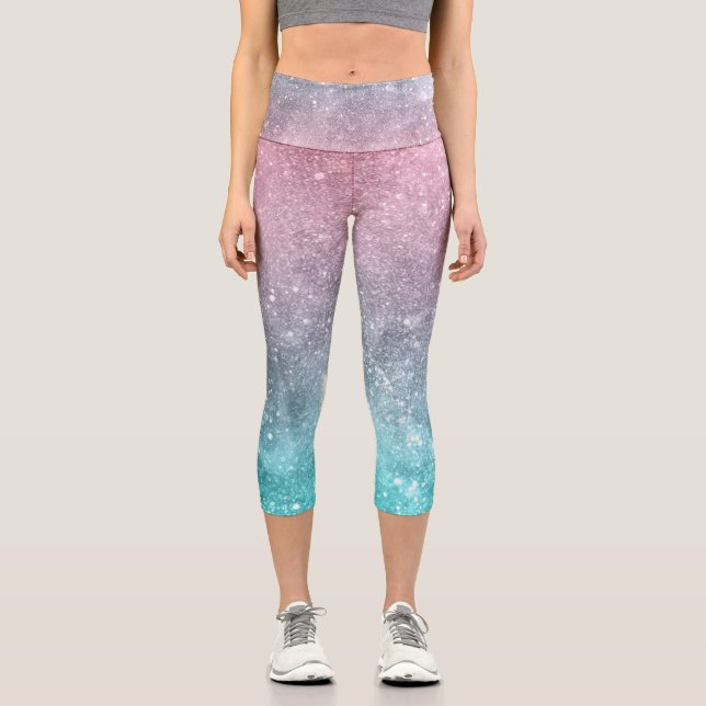 Aqua Blue Pink ombre Sea Galaxy abstrakt Capri Leggings (Vorderseite)