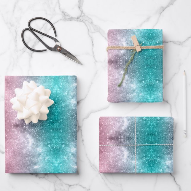 Aqua Blue Pink ombre Sea Galaxy abstrakt Geschenkpapier Set (Vorderseite)