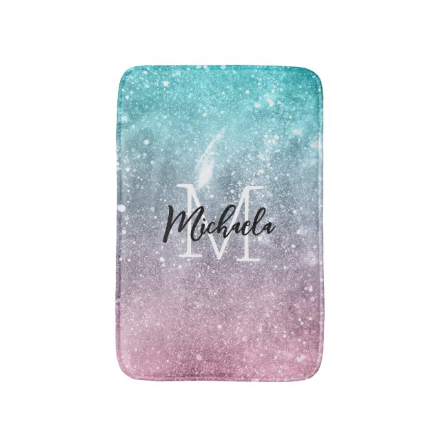 Aqua blue Pink ombre sea galaxy abstrakt Monogram Badematte (Vorderseite Vertikal)
