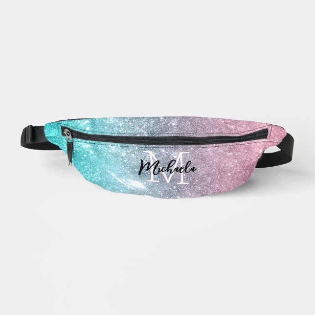 Aqua blue Pink ombre sea galaxy abstrakt Monogram Bauchtasche (Vorderseite)
