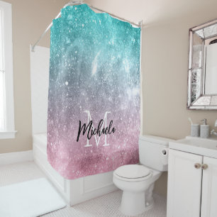 Aqua blue Pink ombre sea galaxy abstrakt Monogram Duschvorhang