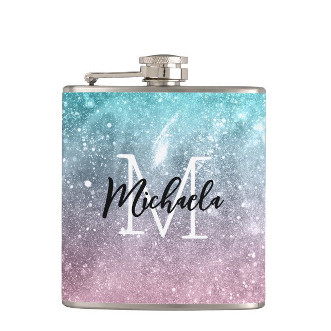 Aqua blue Pink ombre sea galaxy abstrakt Monogram Flachmann (Vorderseite)