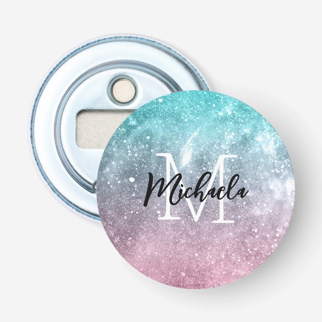 Aqua blue Pink ombre sea galaxy abstrakt Monogram Flaschenöffner (Vorderseite)