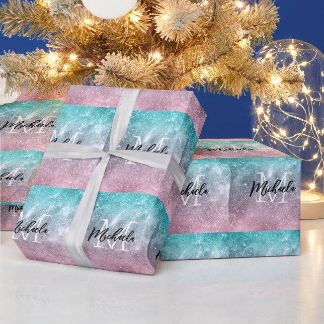 Aqua blue Pink ombre sea galaxy abstrakt Monogram Geschenkpapier (Feiertage)