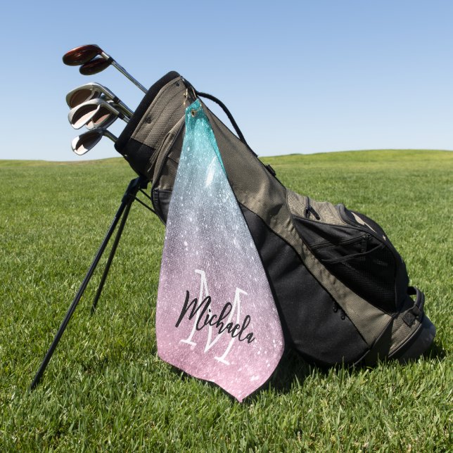 Aqua blue Pink ombre sea galaxy abstrakt Monogram Golfhandtuch (Gras)
