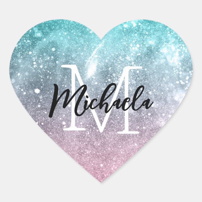 Aqua blue Pink ombre sea galaxy abstrakt Monogram Herz-Aufkleber (Vorderseite)