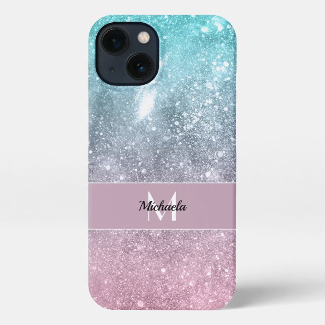 Aqua blue Pink ombre sea galaxy abstrakt Monogram iPhone Hülle (Rückseite)