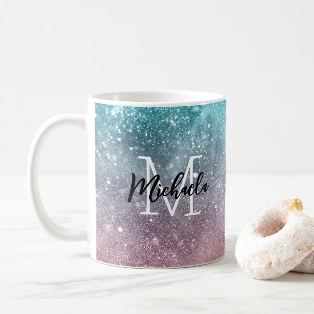 Aqua blue Pink ombre sea galaxy abstrakt Monogram Kaffeetasse (Mit Donut)