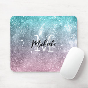 Aqua blue Pink ombre sea galaxy abstrakt Monogram Mousepad