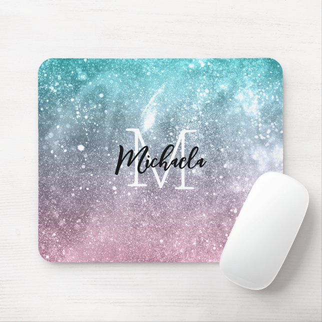 Aqua blue Pink ombre sea galaxy abstrakt Monogram Mousepad (Mit Mouse)