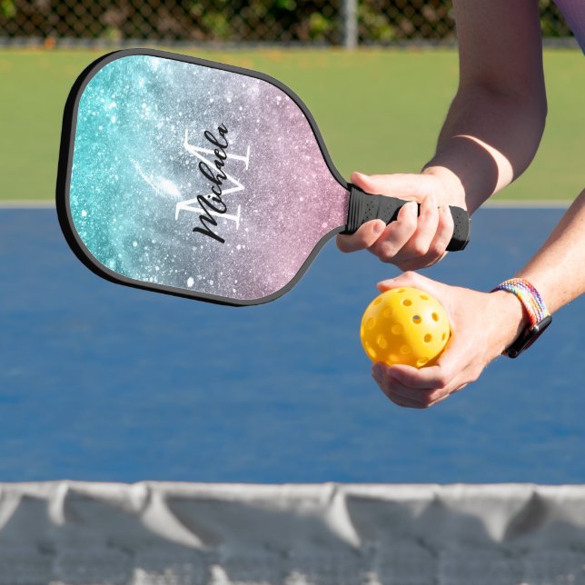 Aqua blue Pink ombre sea galaxy abstrakt Monogram Pickleball Schläger (InSitu)