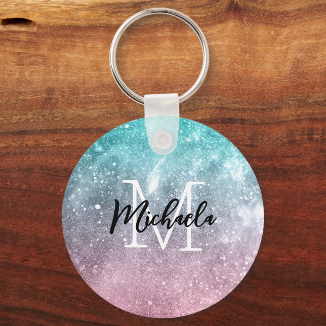 Aqua blue Pink ombre sea galaxy abstrakt Monogram Schlüsselanhänger (Vorderseite)